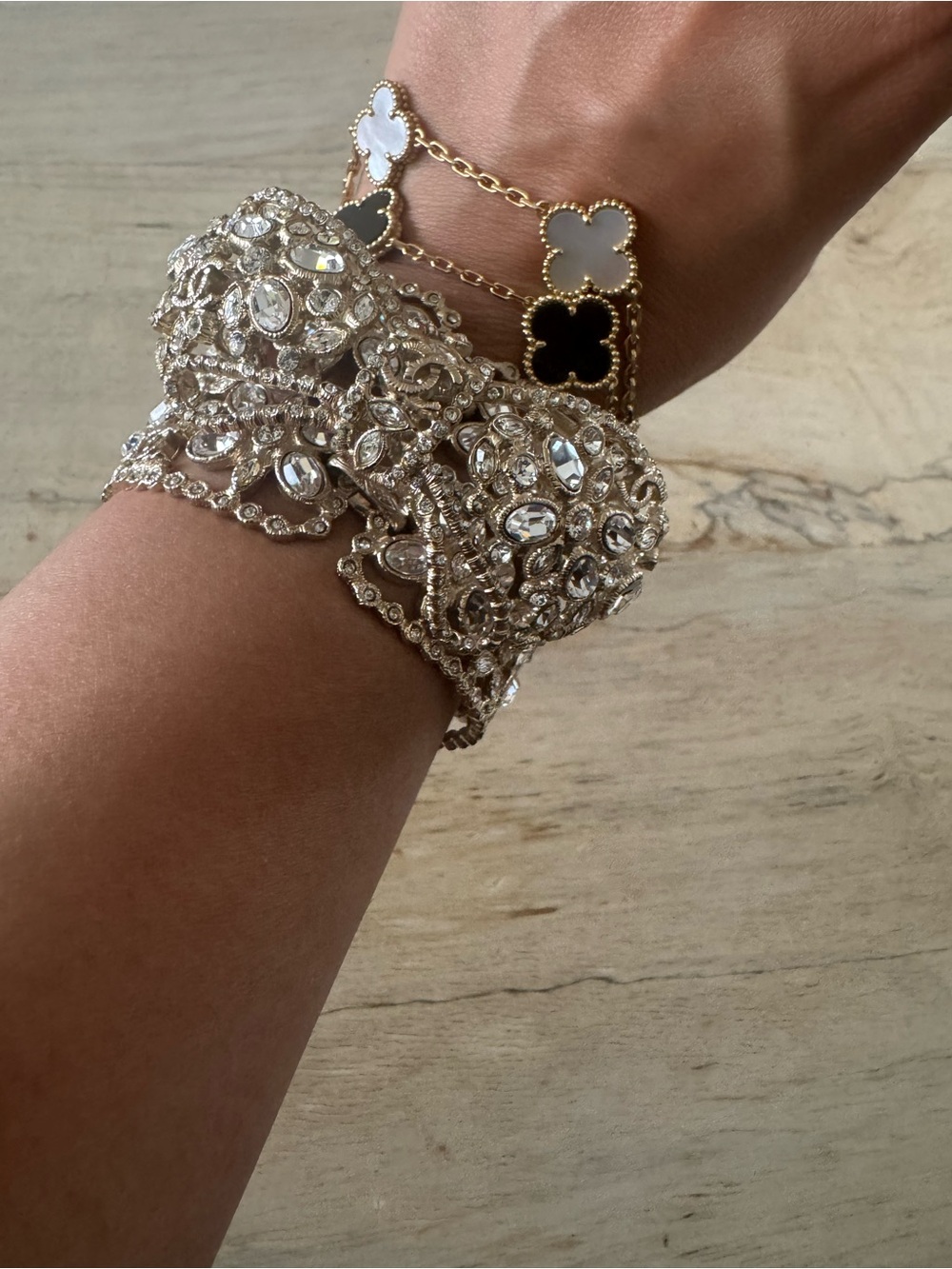 CHANEL Gold Tone Crystal Multi-Strand Bracelet with Black and White Clovers